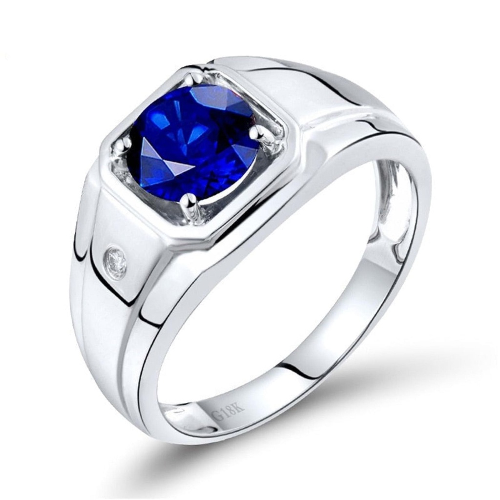 Round Genuine Diamond Sapphire Men's Ring In 18K White Gold