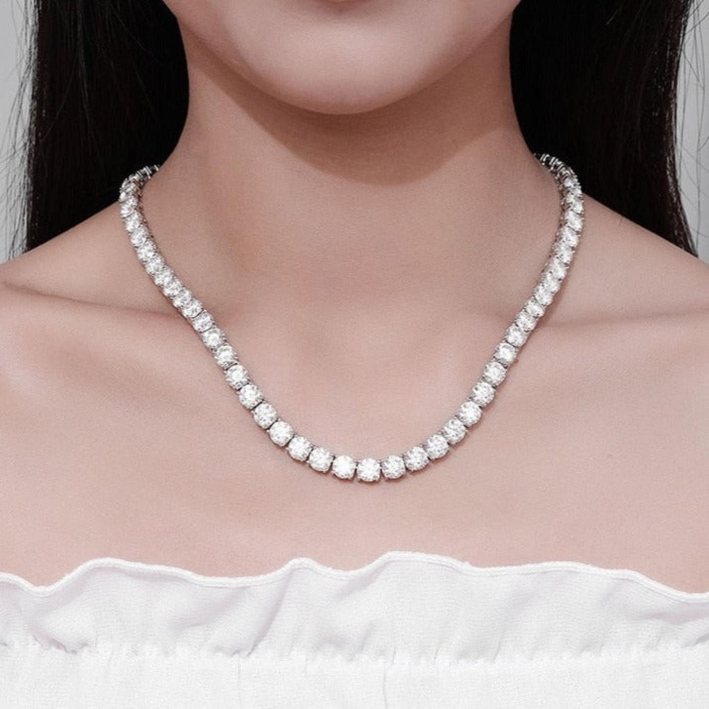 Tennis Necklace / 18K White Gold Plated Silver