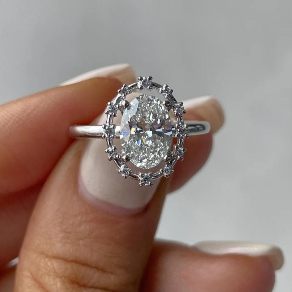 Oval Cut Halo Engagement Ring, CZ Diamond Oval Cut Ring, Unique Classic Style Oval Halo Rings, Forever One Oval Cut Rings