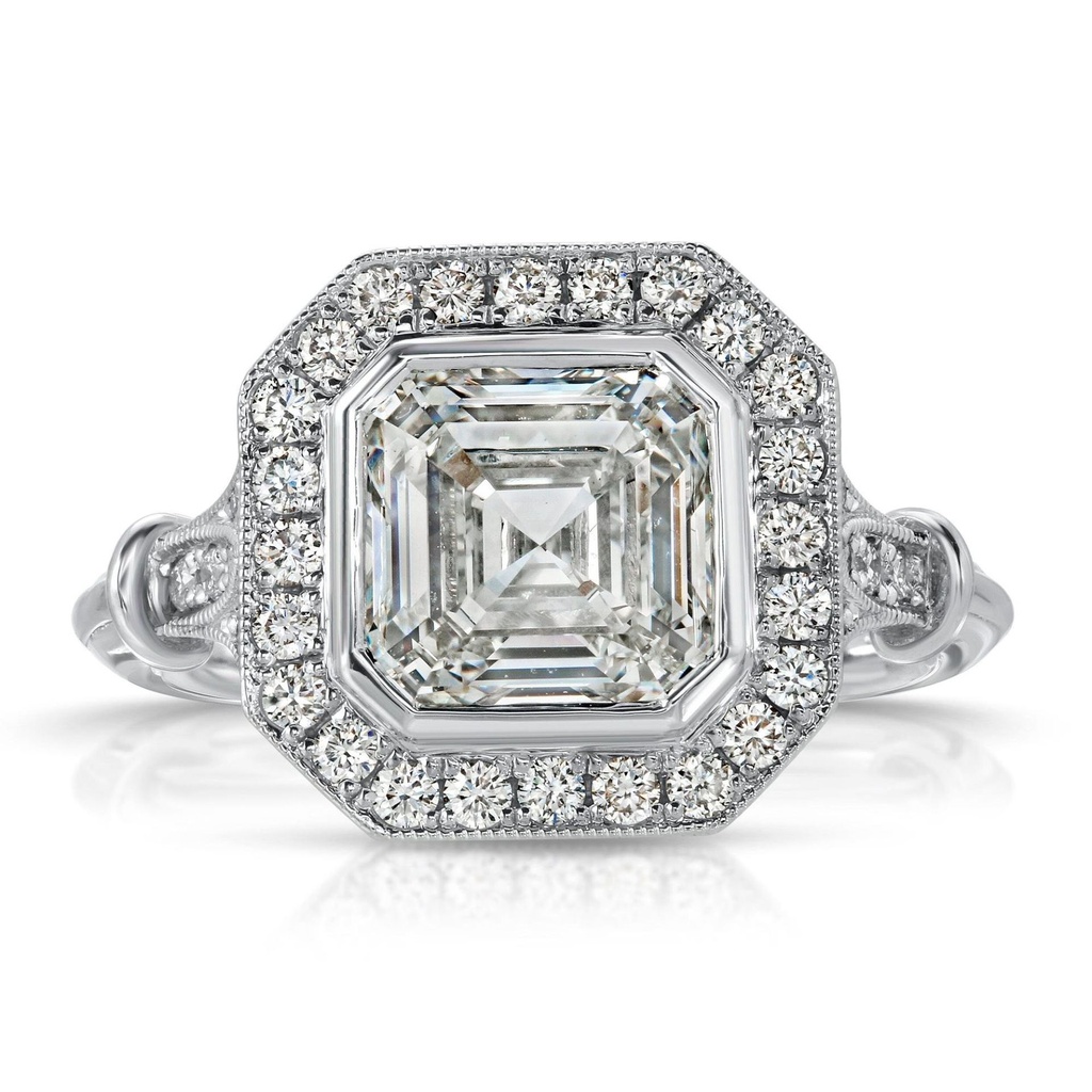 Art Deco Asscher Lab Grown Diamond Engagement Ring with Filigree Goldwork, 14K White Gold