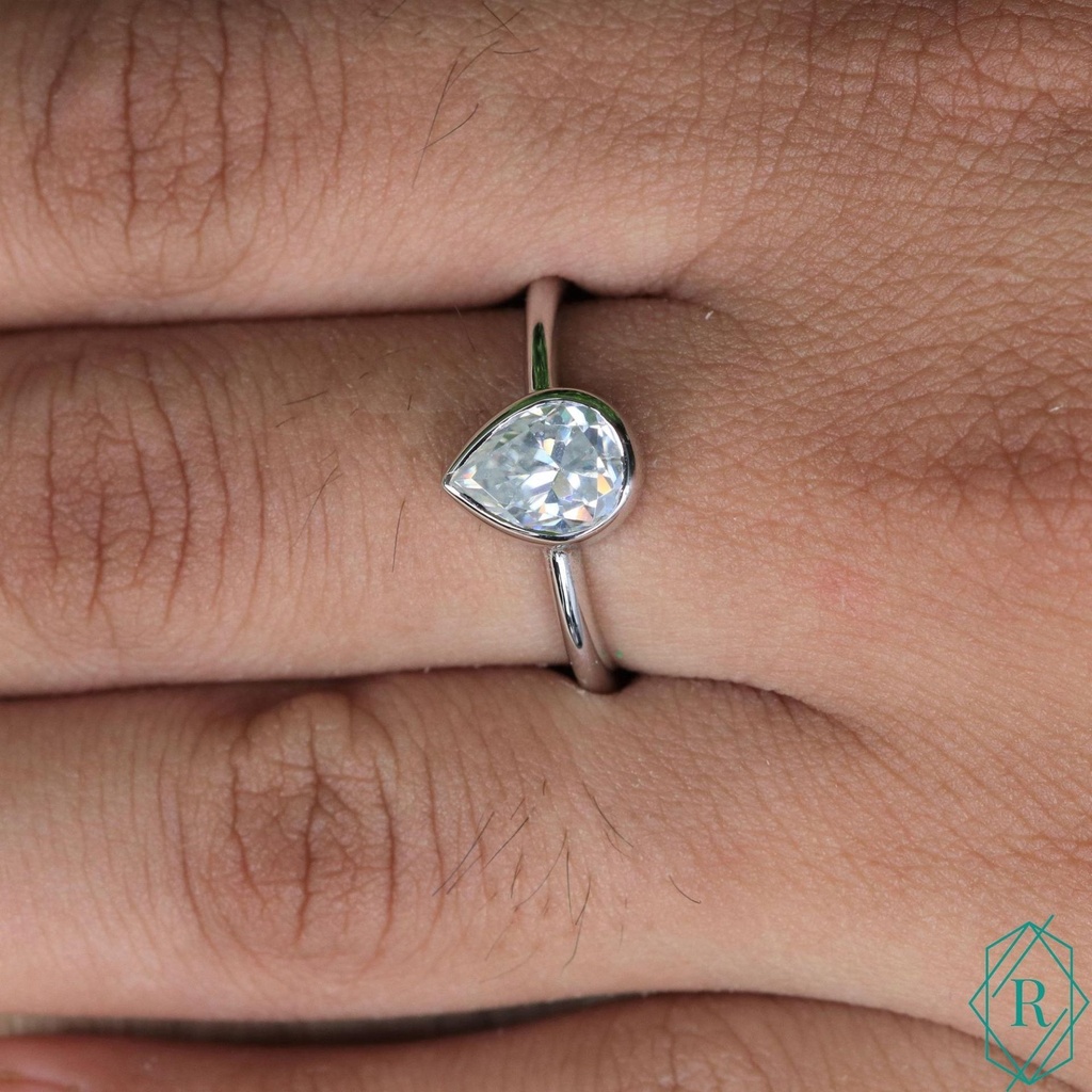 Solitaire Bezel Set Ring, Pear Cut Colorless Engagement Ring, Solitaire Wedding Ring, Propose Ring for Her