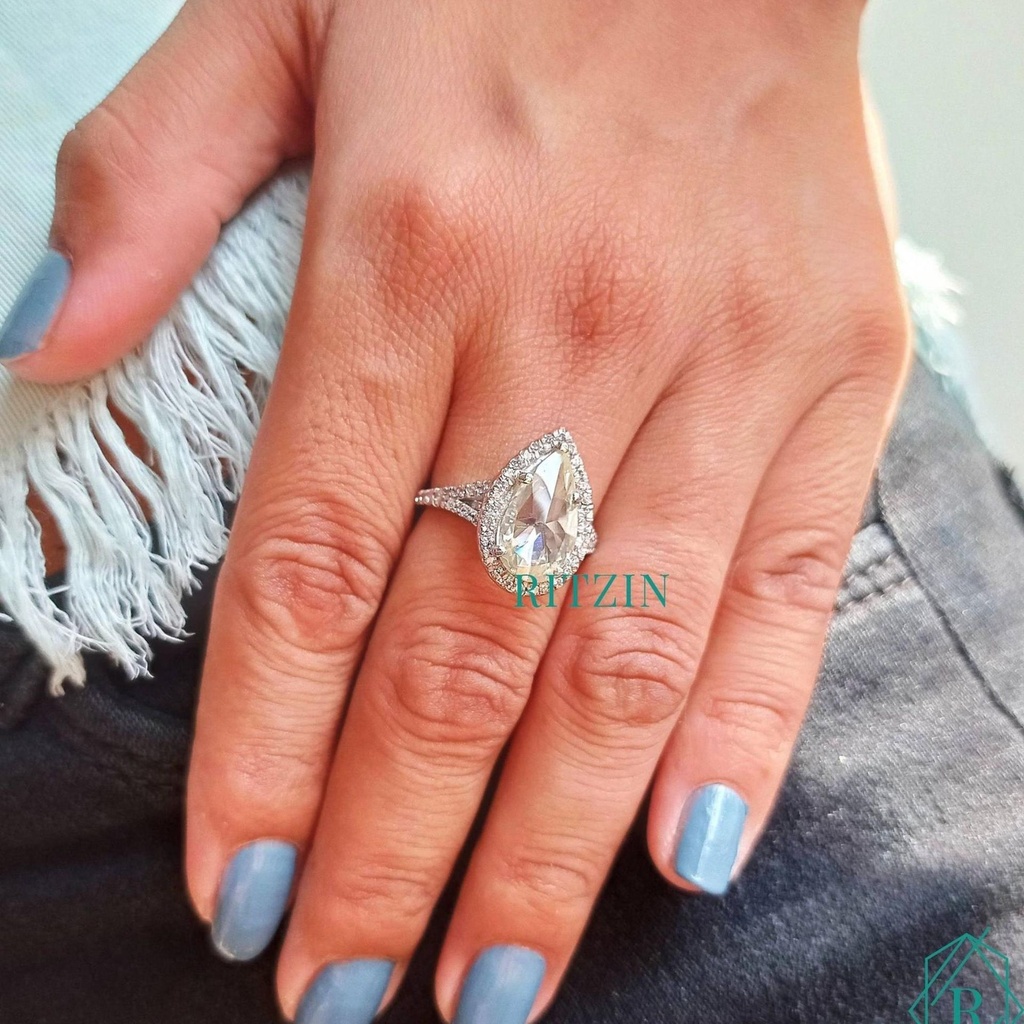 Pear Rose Cut Moissanite Engagement Ring, Halo Ring, Wedding Ring, Designer Moissanite Ring, Anniversary Gift for Her