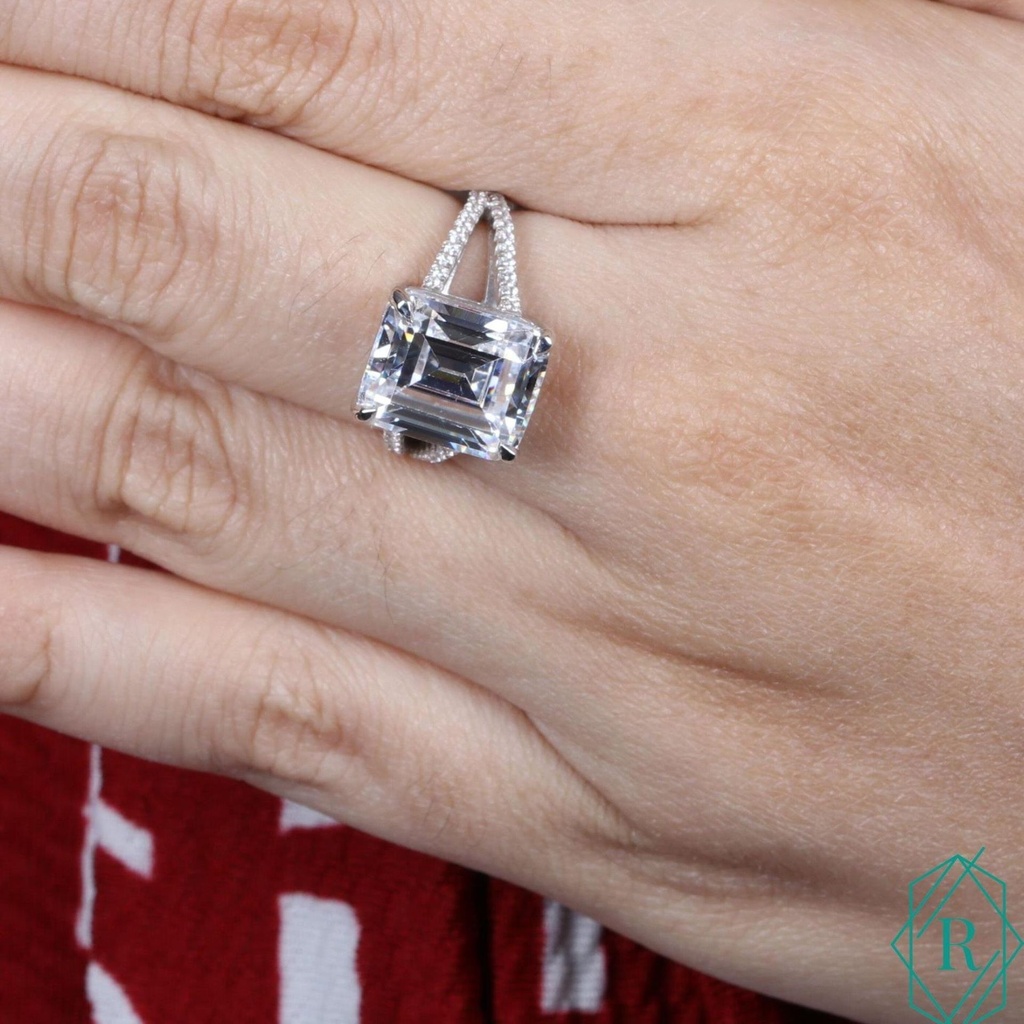 Emerald Cut  Engagement Ring Emerald and Round Split Shank - Handmade Ring, Anniversary Gift for Women
