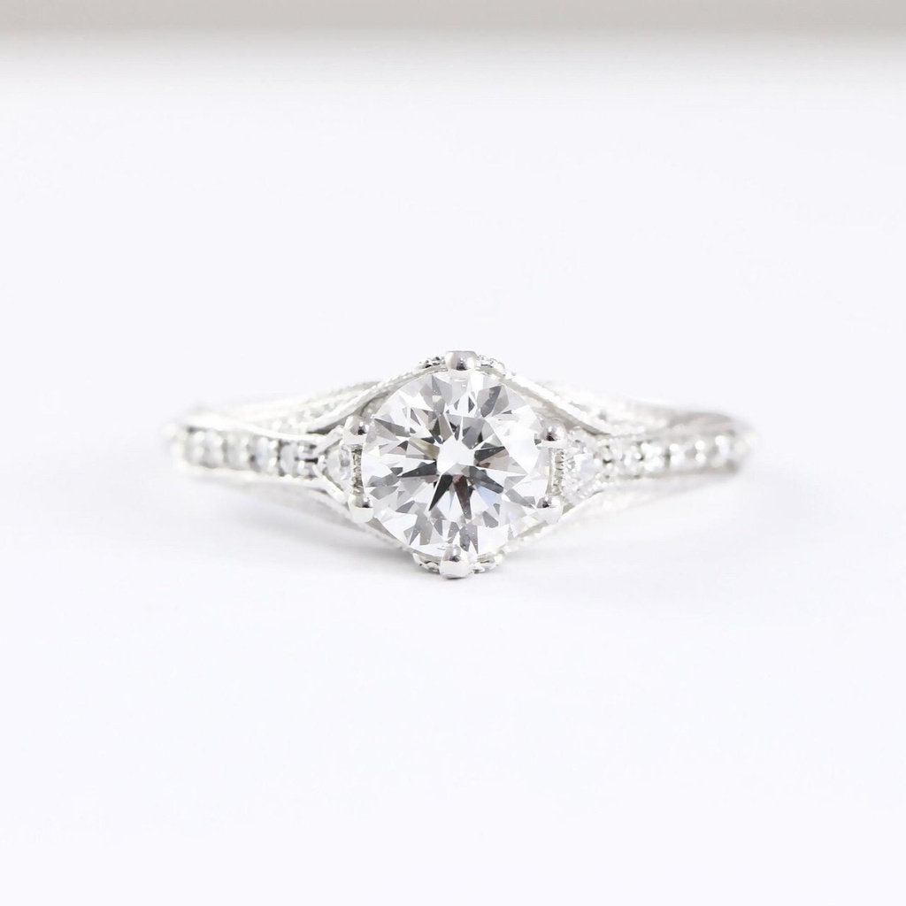 Antique inspired moissanite and diamond engagement ring handmade in white/rose/yellow gold or platinum