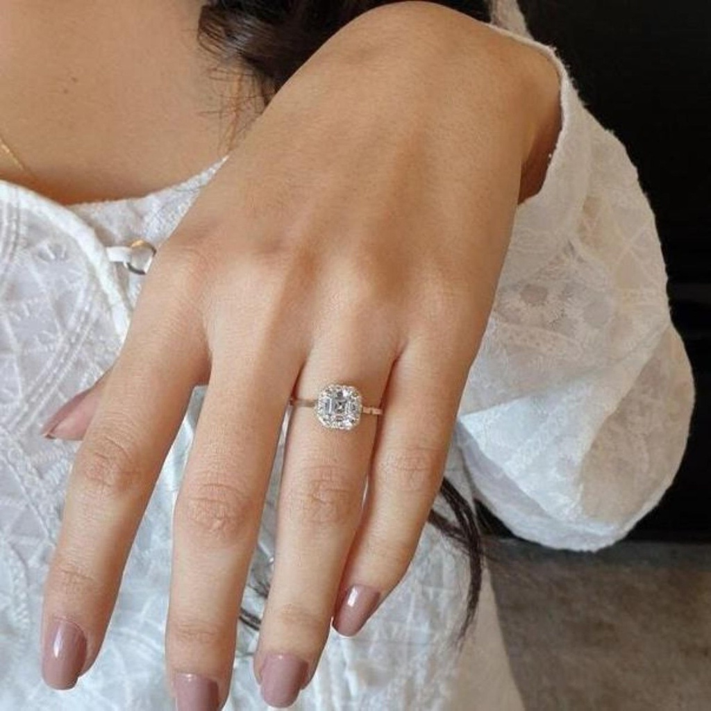 Asscher Cut Engagement Ring 14K Solid White Gold Halo Wedding Ring, 2TCW Moissanite Halo Ring For Women, Anniversary Gift For Her