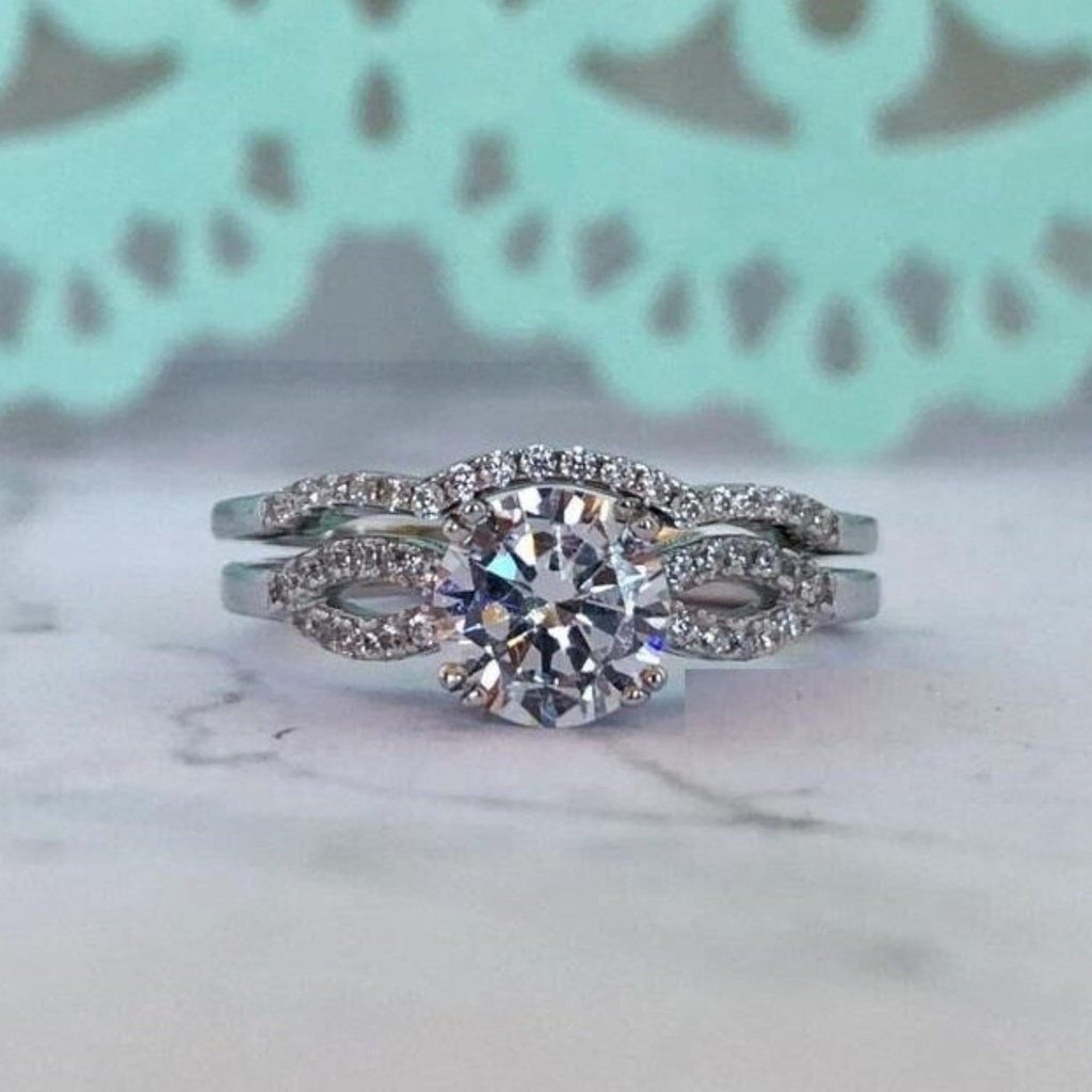 14K Solid Gold Wedding Sets /  Round Simulated Diamond Bridal Sets/ Moissanite Ring Set / Promise ring / 14K White Gold Ring For Women