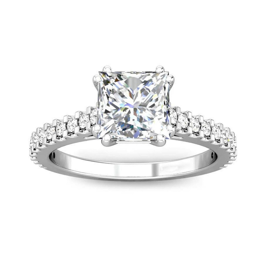 Solitaire With Accents White Princess Cut Cubic Zirconia In 925 Sterling Silver Ring For Engagement