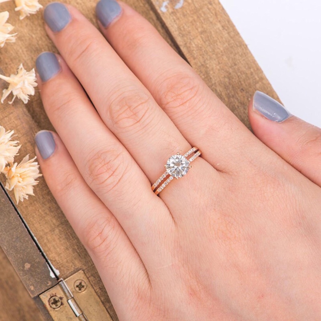 Moissanite Engagement Ring Solitaire Bridal Women Wedding Ring Half Eternity  Cage Double Band Split Shank Anniversary Gift For Her Antique