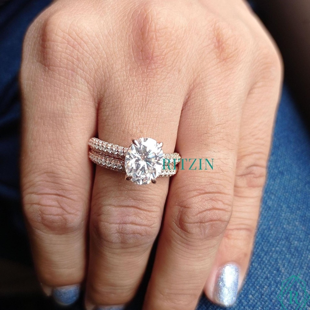   Oval Cut Hidden Halo Pave Colorless Moissanite Wedding Set, Engagement Ring, Eternity Band, Anniversary Gift, Bridal Set