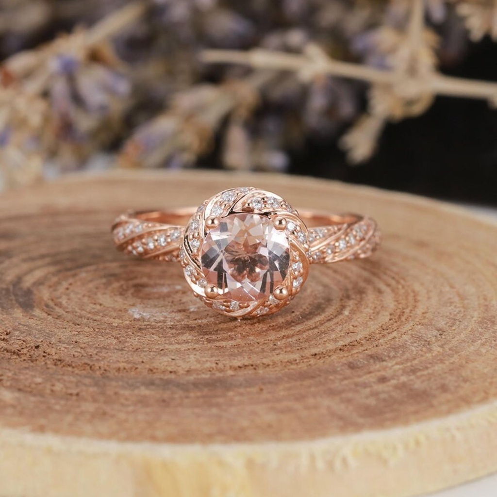 Vintage morganite engagement ring rose gold art deco diamond halo wedding ring antique half eternity crossover ring promise anniversary ring