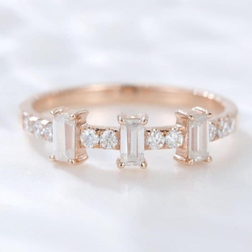 14K Solid Gold Round & Baguette Cut Moissanite Wedding Band, Unique Design Minimalist Engagement Ring For Her, Proposal Ring, Promise Ring