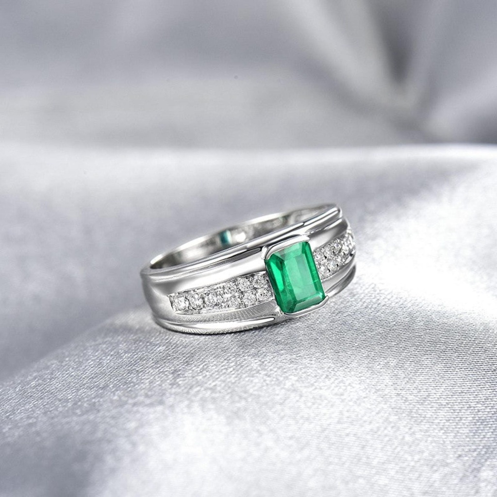 Colombian Emerald Men's Ring Luxury Emerald, Diamond Ring 14K White Gold.