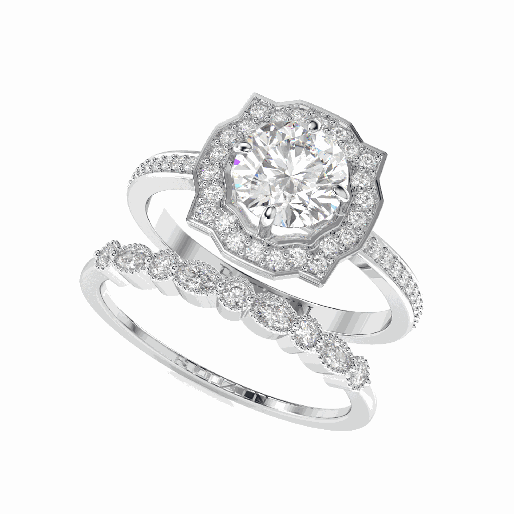 Round Cut Engagement Ring Set Dainty Bridal Set Unique Art Deco Wedding Ring For Women Halo Anniversary Ring