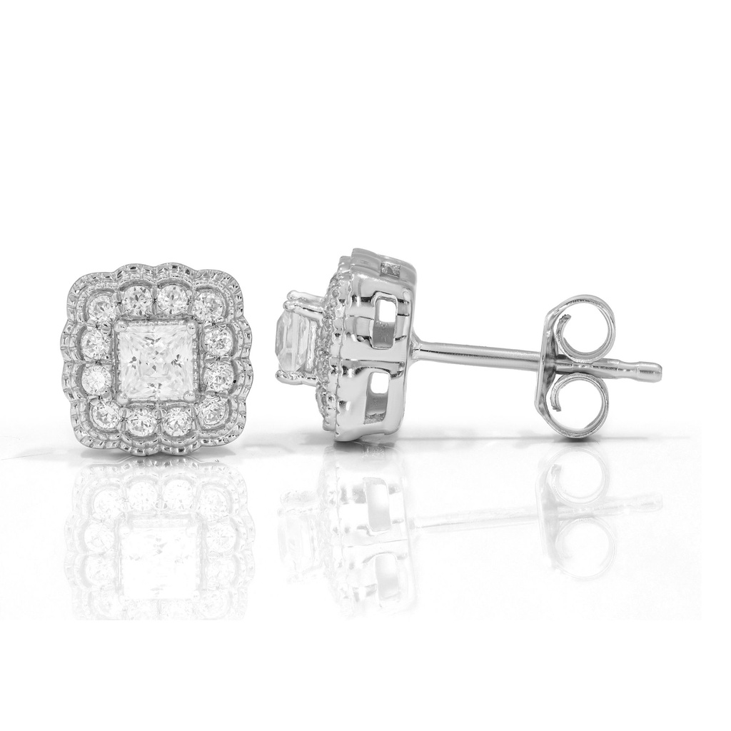 Round And Princess Diamond Filigree Design Stud Earrings 