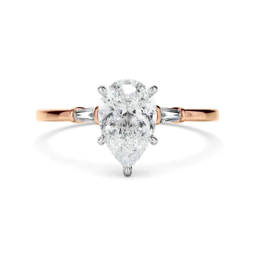  Pear and Baguette Cut Three Stone Moissanite Ring 