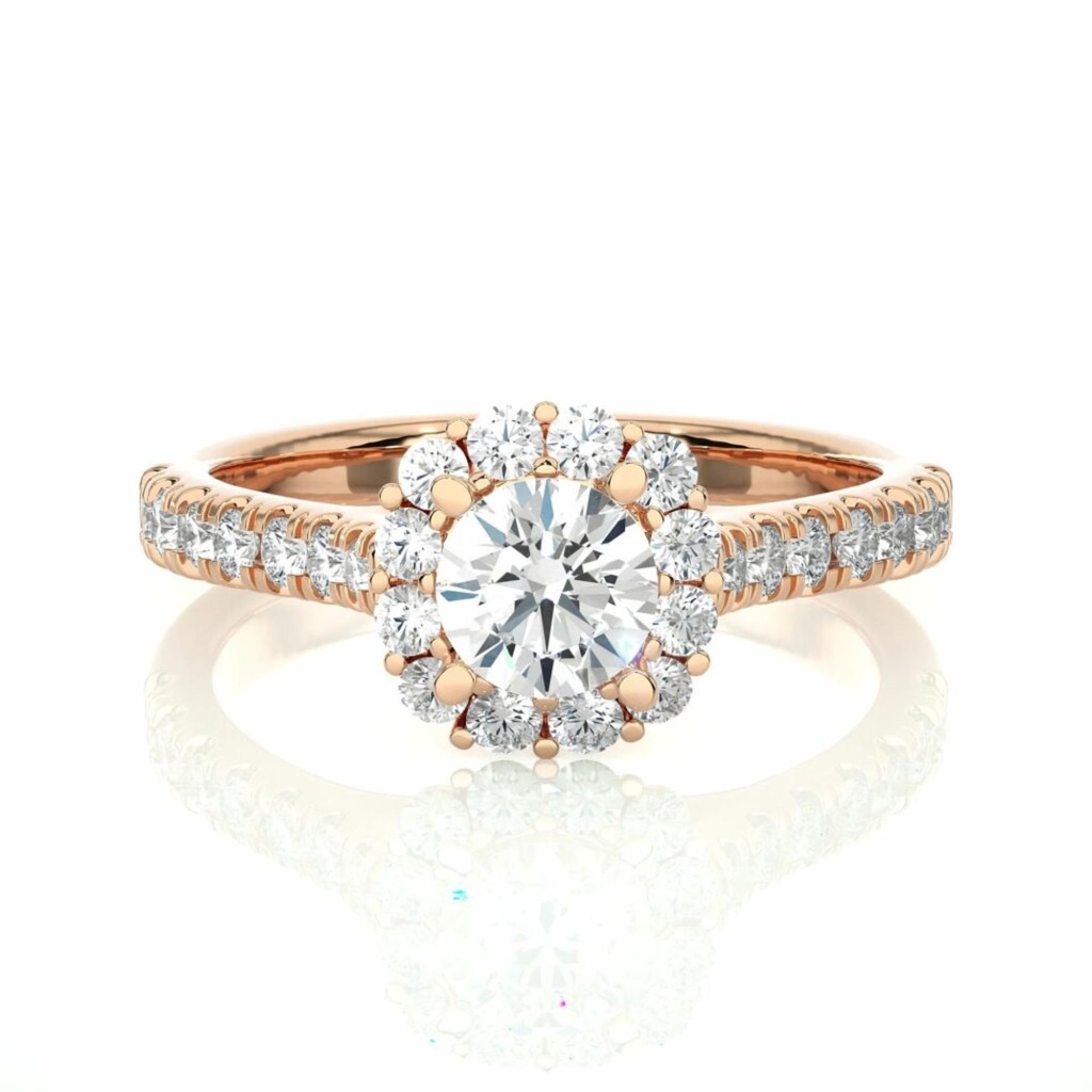 1 Round Cut 4 Prong Set Diamond Halo Engagement Ring For Women