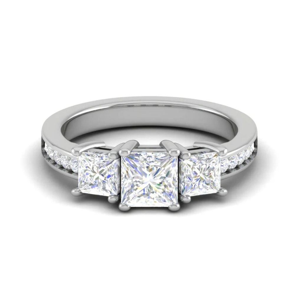 Princess Cut Prong Set 3 Stone Lab Diamond Enaggement Ring 