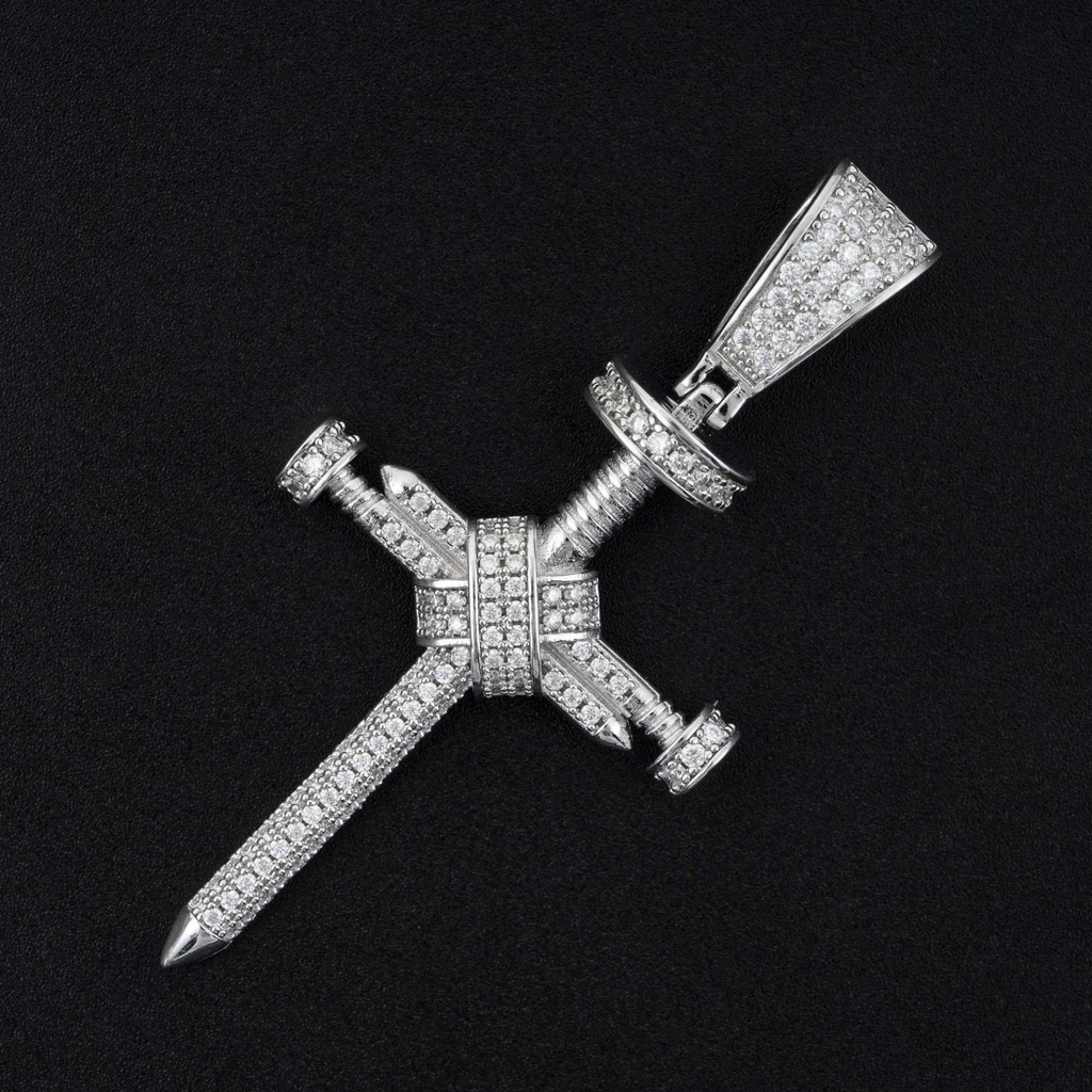 Men's Moissanite Nail Cross Pendant Silver White Gold Plated Hip Hop Jewelry