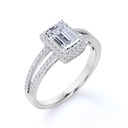  Emerald Cut Moissanite Engagement Ring - Halo - Split Shank - in 18K White Gold over Silver