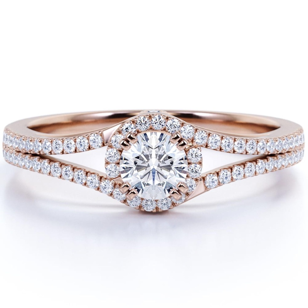  Round cut Moissanite and Diamond Halo Engagement Ring in 10k Rose Gold
