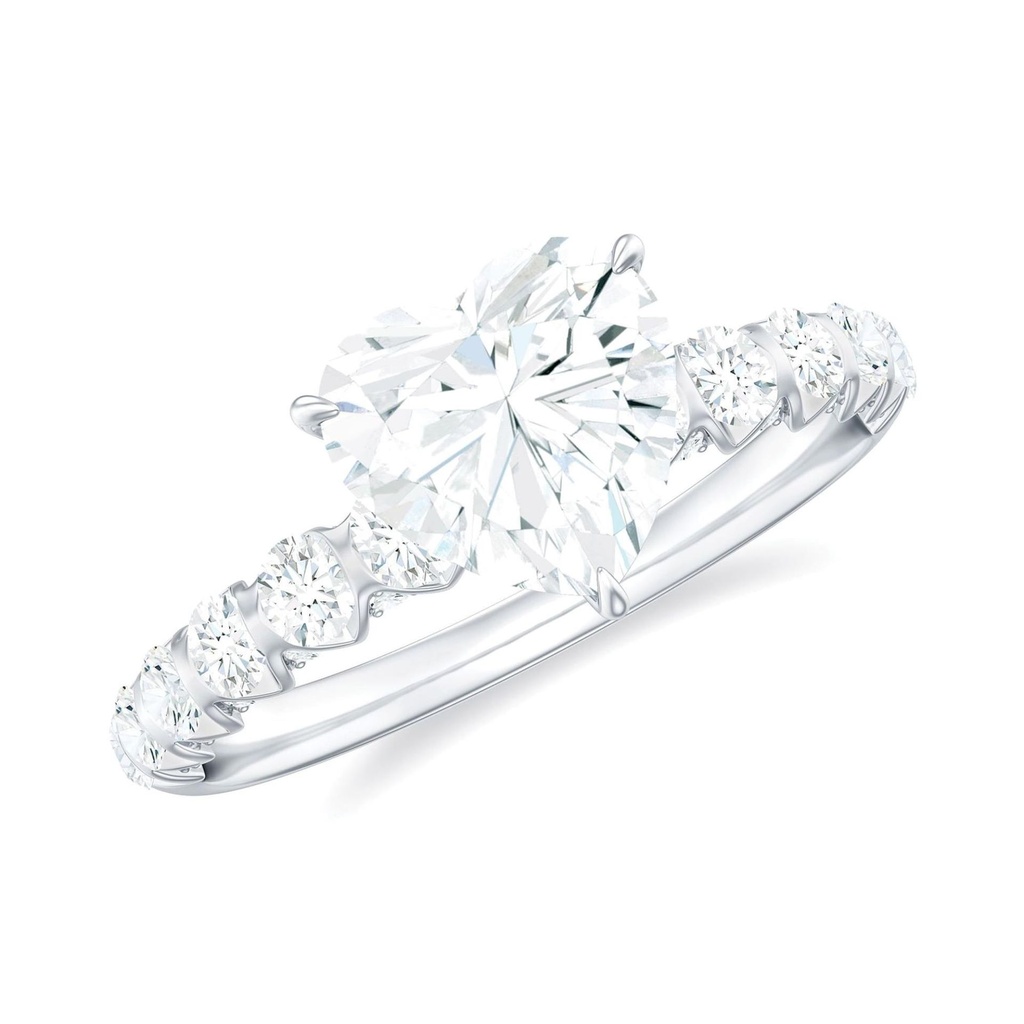 Heart Shape Moissanite Solitaire Engagement Ring with Side Stones, 925 Sterling Silver