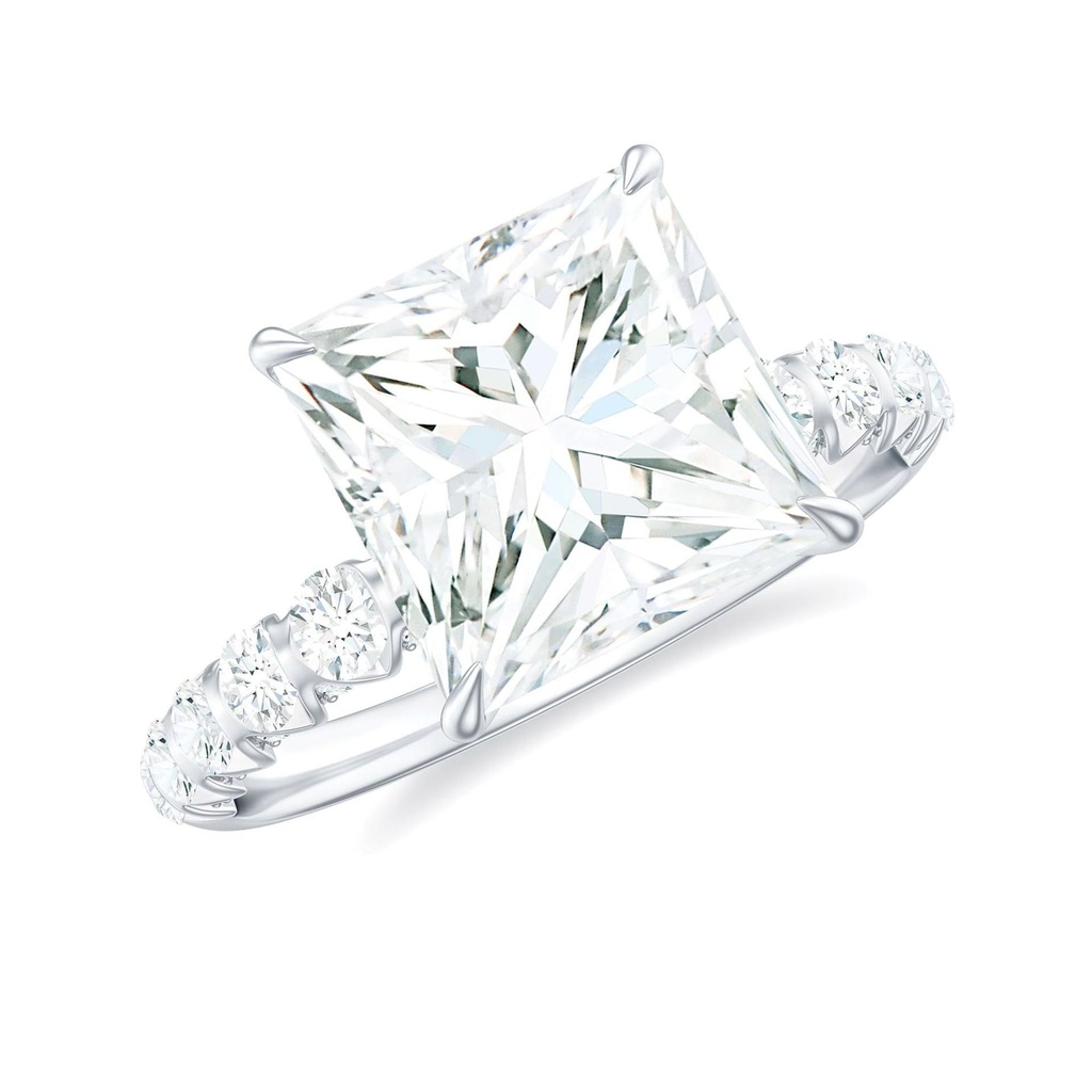 Princess Cut Moissanite Solitaire Engagement Ring with Side Stones, 18K White Gold