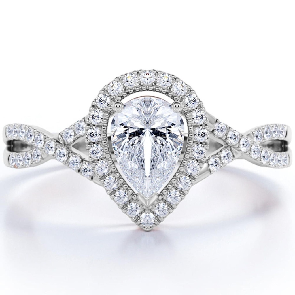  Milgrain Halo Pear Cut Moissanite Infinity Twisted Shank Pave Engagement Ring In 18K White Gold Plating Over Silver