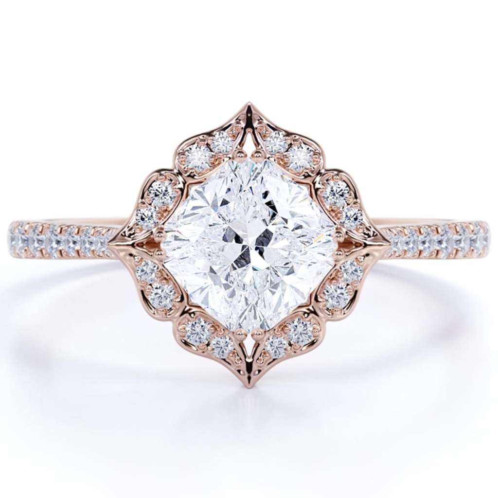 Cushion cut Moissanite engagement ring for Her in 18k Rose Gold Over Silver