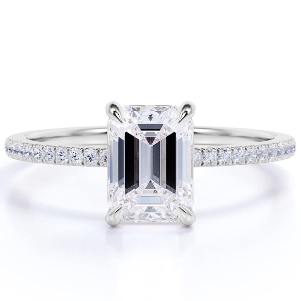 emerald cut Moissanite Solitaire Engagement Ring in 18k White Gold Over Silver