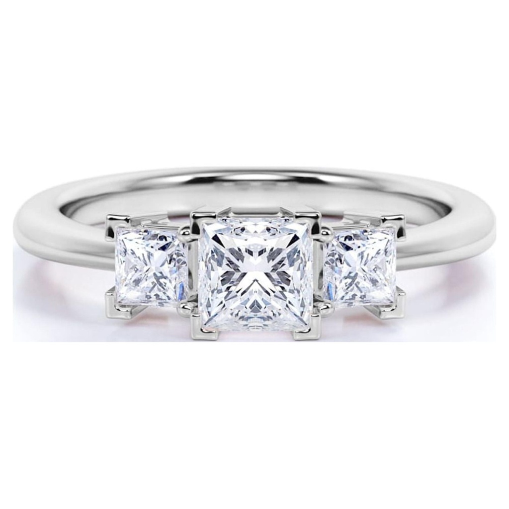 Modern 1 Carat Princess Cut Moissanite - 3 Stone Engagement Ring - Past Present Future Ring - 18K White Gold over Silver