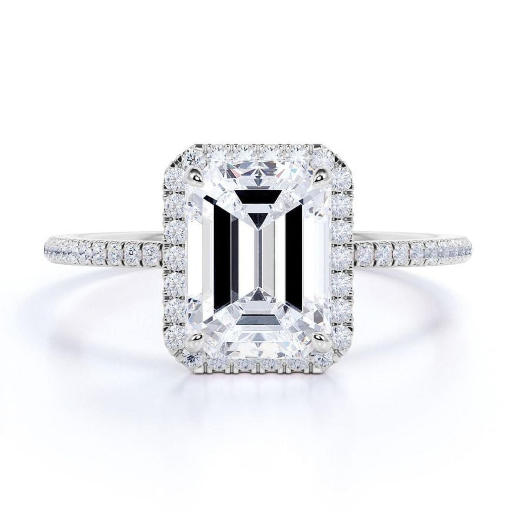 Emerald Cut Moissanite Engagement Ring - Bridal Set - Halo Ring - Cluster Ring - 18k White Gold Over Silver
