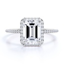 Emerald Cut Moissanite Engagement Ring - Bridal Set - Halo Ring - Cluster Ring - 18k White Gold Over Silver