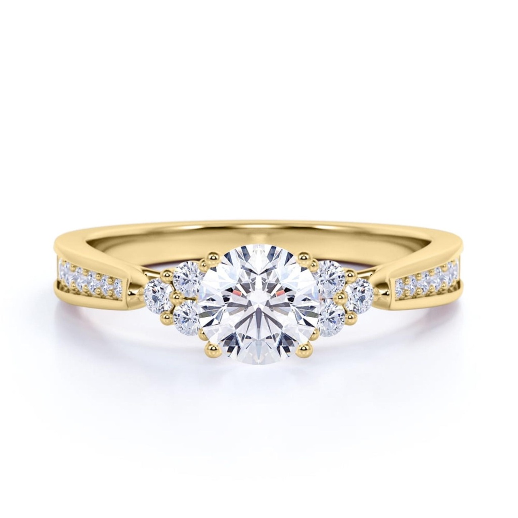  Round Moissanite - Cluster - Tapered Band - Engagement Ring with Pave Accents - 18K Yellow Gold over Silver