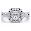  Elegant 1 Carat - Square Cut Moissanite - Twisted Band - Pave - Double Halo Engagement Ring - 18K White Gold over Silver