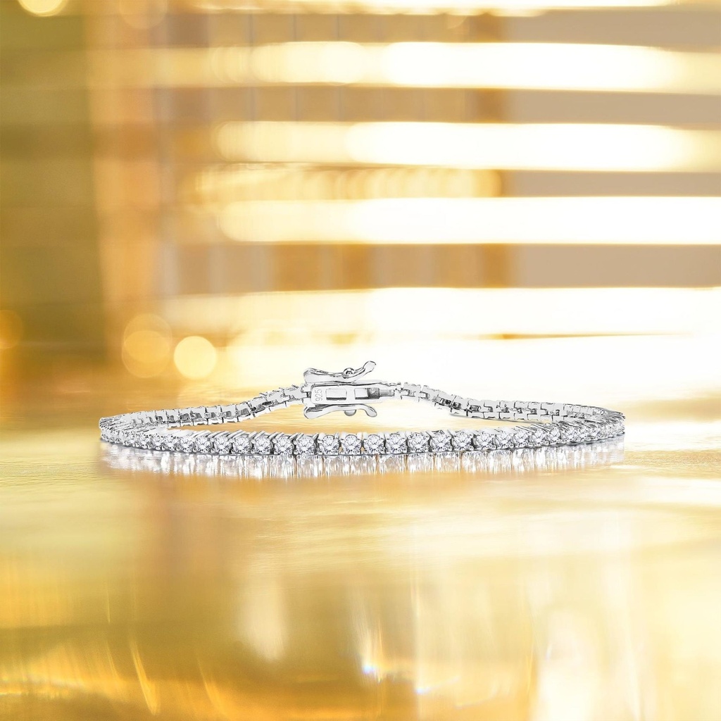  Round Cut Moissanite Tennis Bracelet Eternity Design in 18K White Gold over Silver, Female, Adult