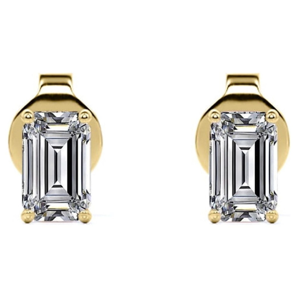 Emerald Cut Moissanite Solitaire Stud Earrings In 18K Yellow Gold Plating Over Silver