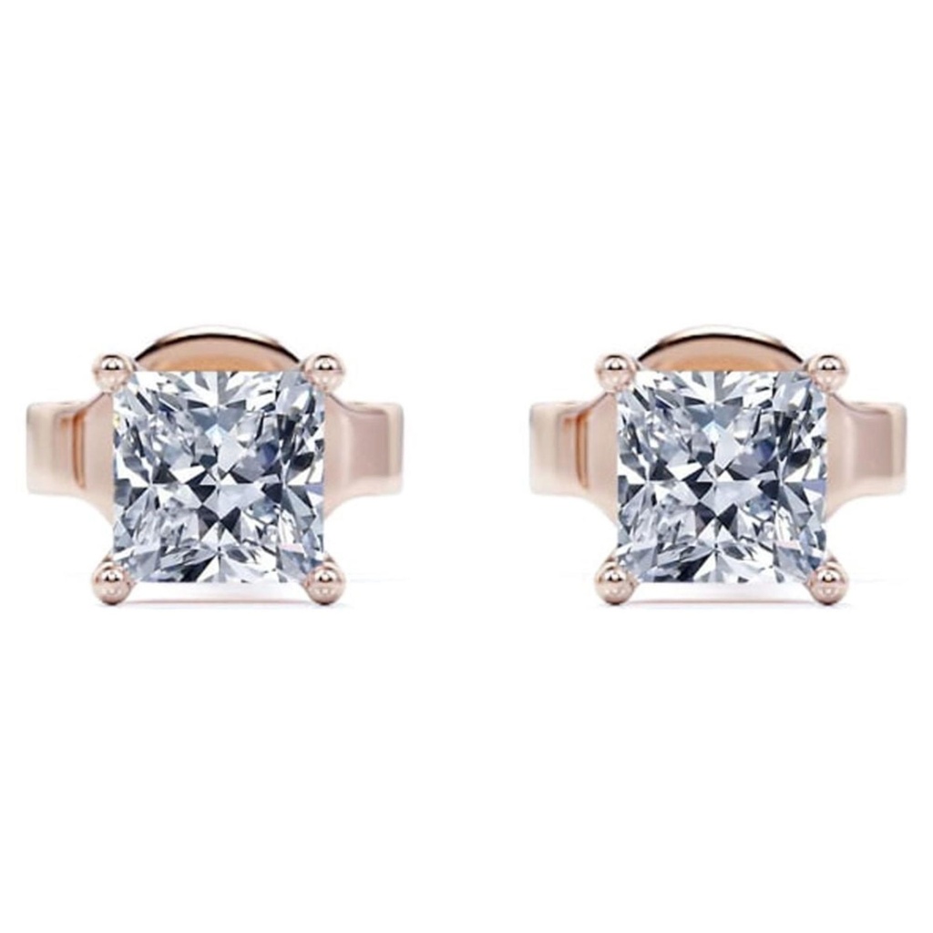 Princess Cut Moissanite 4 Prong Solitaire Stud Earrings In 18K Rose Gold Plating Over Silver