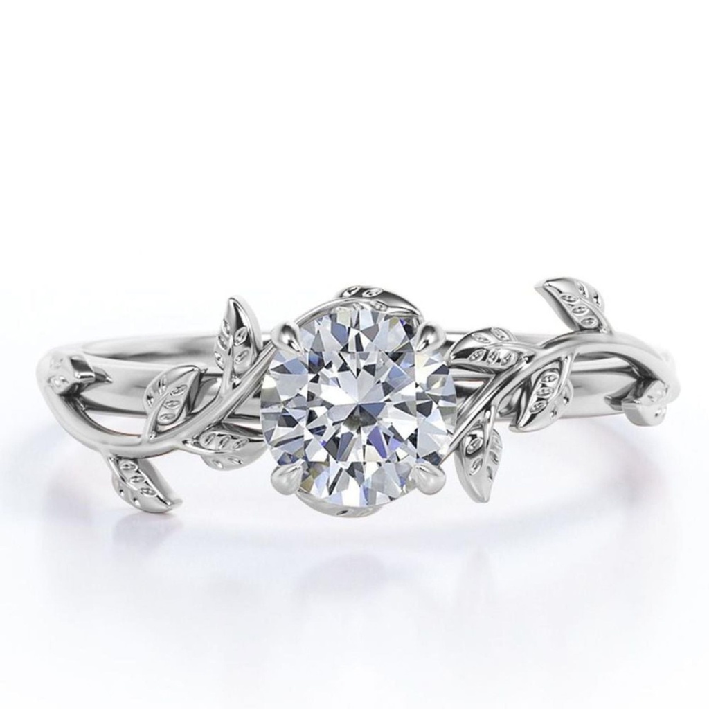  Solitaire Design Round Brilliant Cut Moissanite Branch Leaves Engagement Ring in 18K White Gold Plating over Silver
