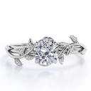  Solitaire Design Round Brilliant Cut Moissanite Branch Leaves Engagement Ring in 18K White Gold Plating over Silver