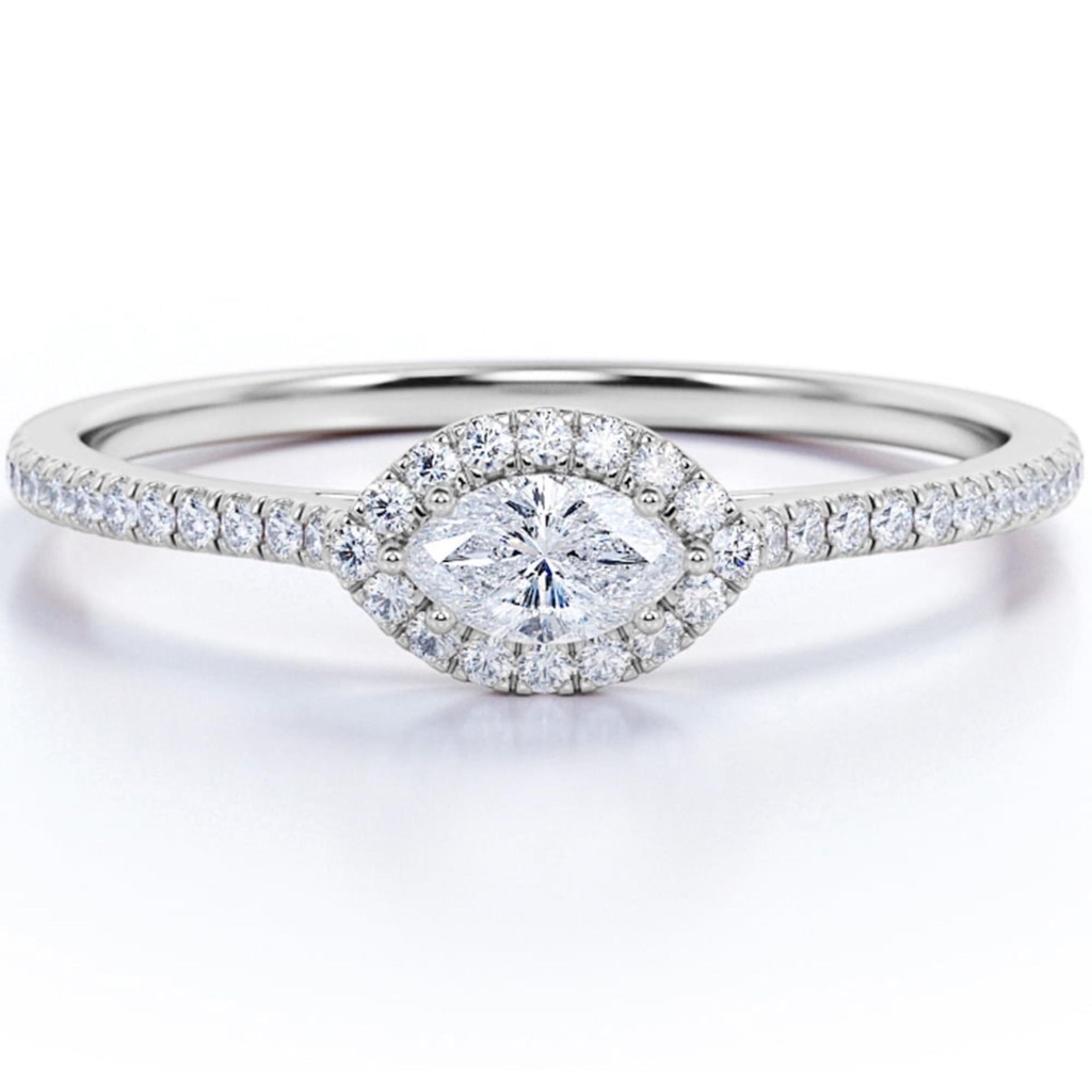  Marquise Cut Moissanite - Halo Cluster Engagement Ring - 18K White Gold Plating Over Silver