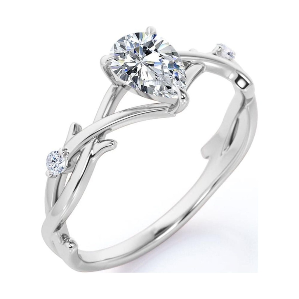 JeenMata Tree Branch Design Crossover 1 Carat Pear Cut Moissanite Flush Engagement Ring In 18K White Gold Plating Over Silver