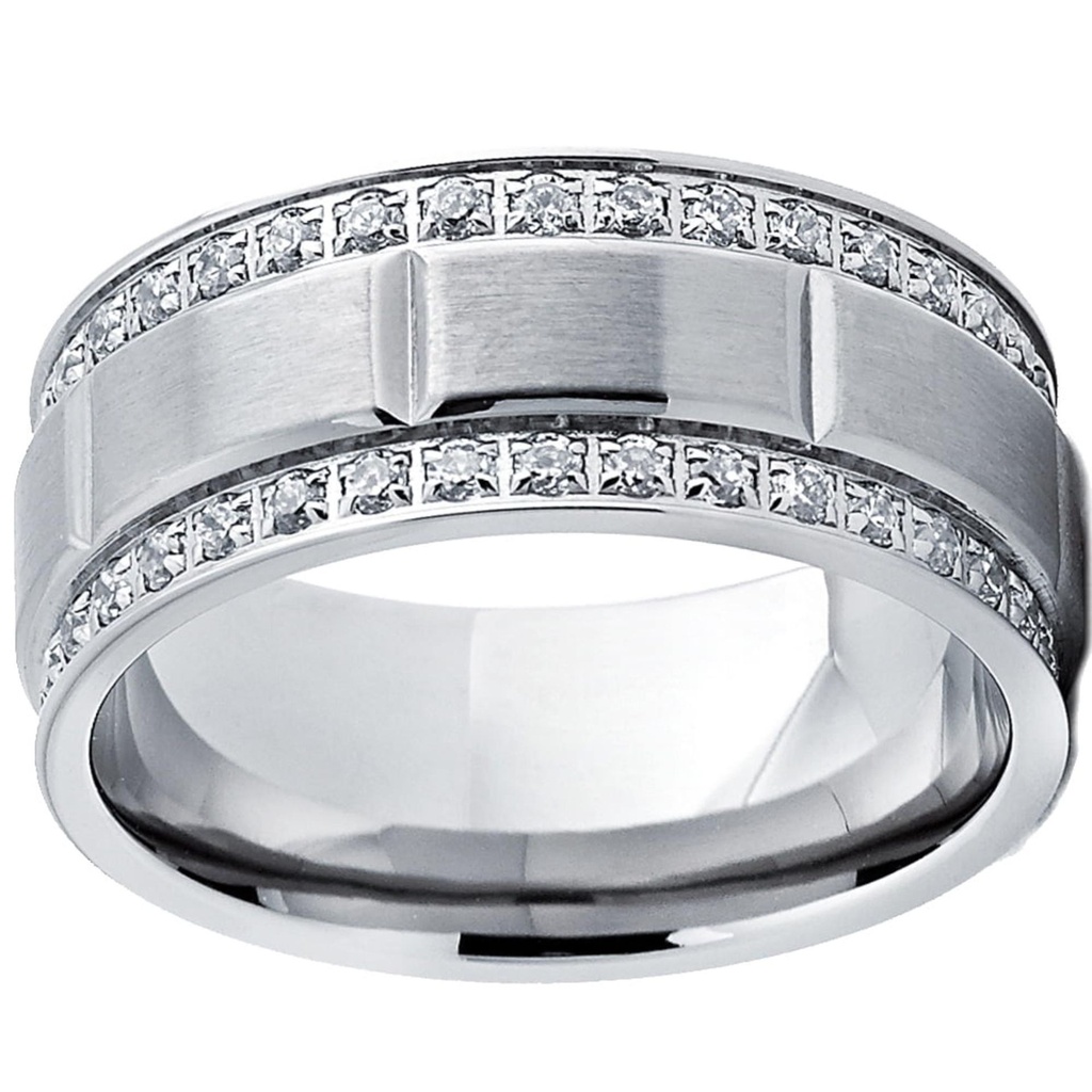  Men's Wedding Band Ring with Double Row Cubic Zirconia, Comfort Fit Sizes