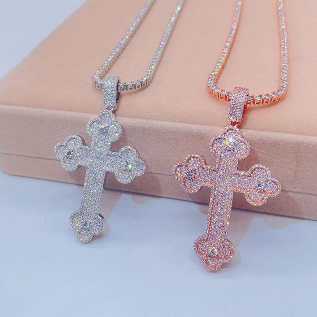  Cross Pendant in Rose & White Gold, Cuban Chain Compatible, Hip Hop Jewelry
