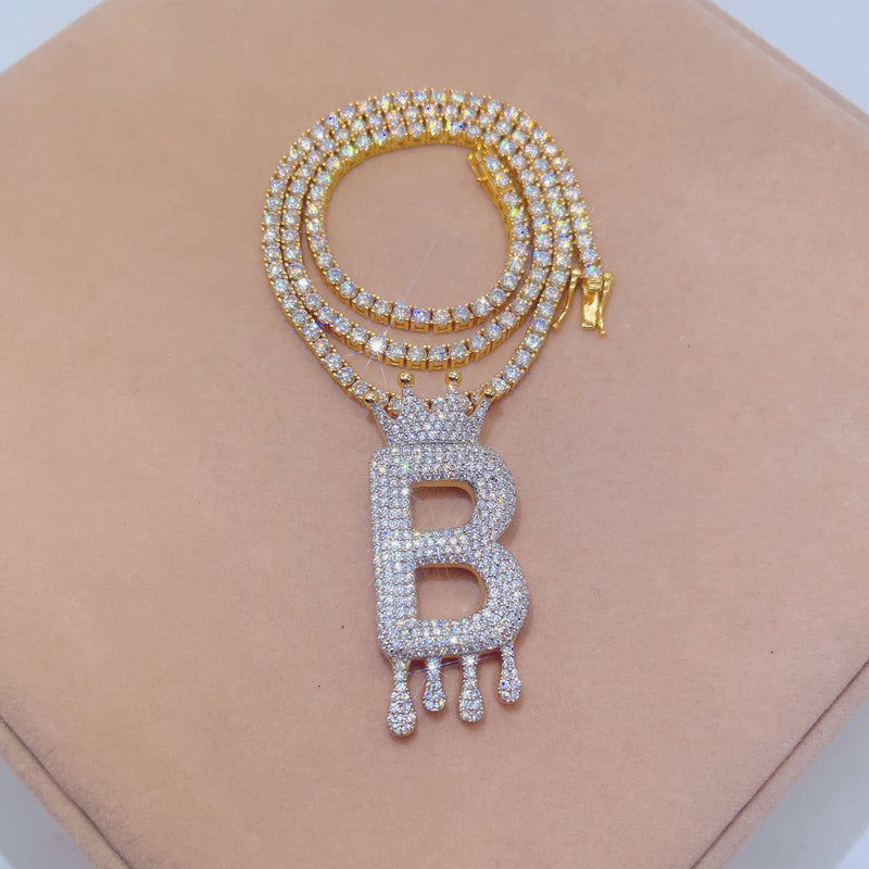  Crowned Initial 'B' Pendant - 2 Tone Yellow Gold Plated Silver