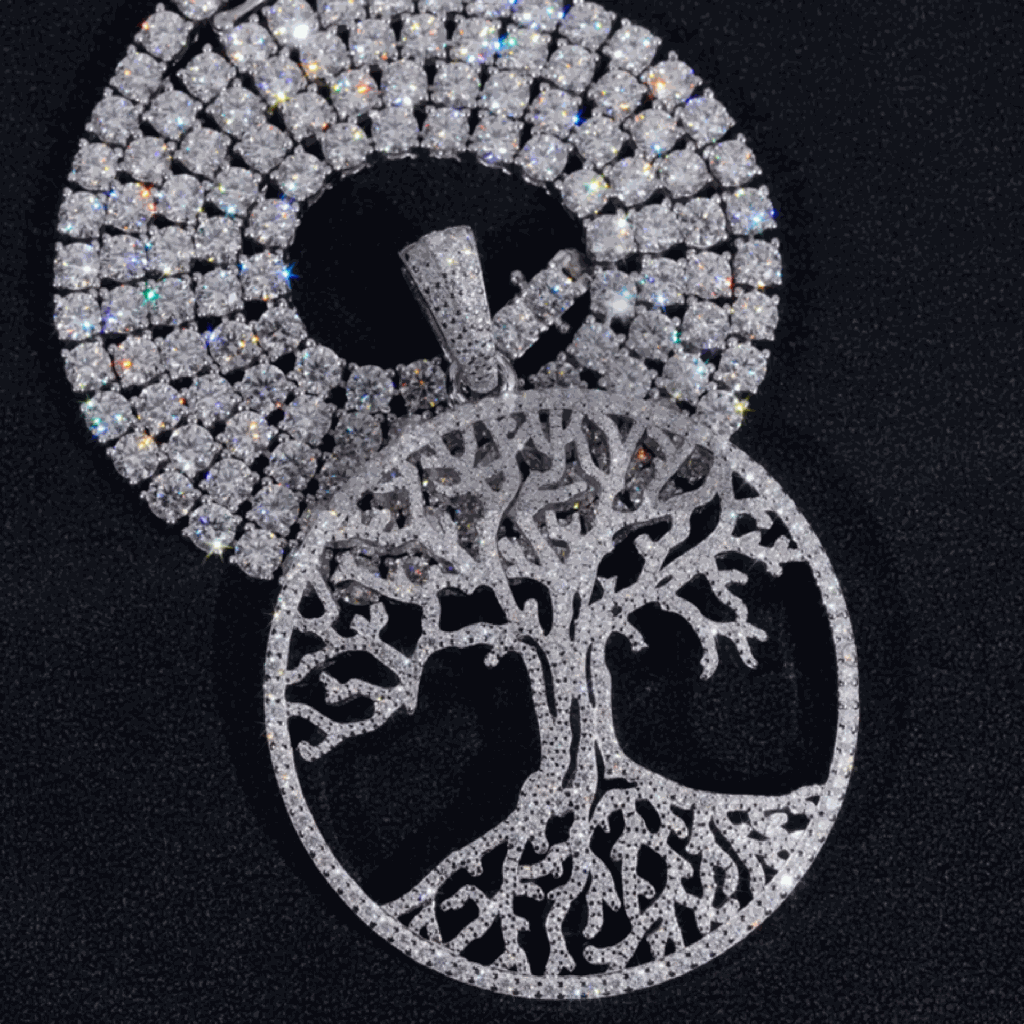 Solid Silver 2" Width Tree of Live Diamond Pendant Fit For  Tennis Chain