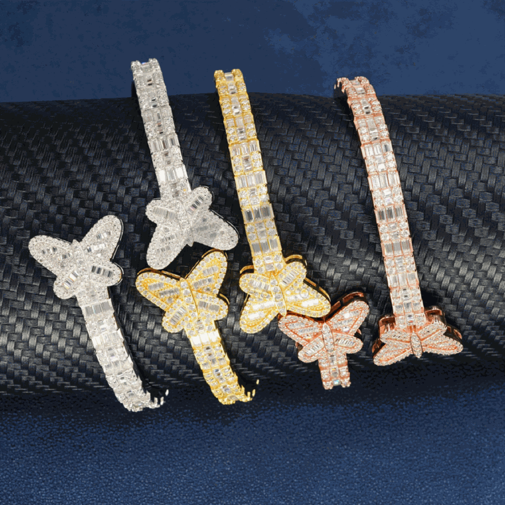 Iced Out 925 Sterling Silver  Hip Hop Jewelry Butterfly Bracelet Bangle