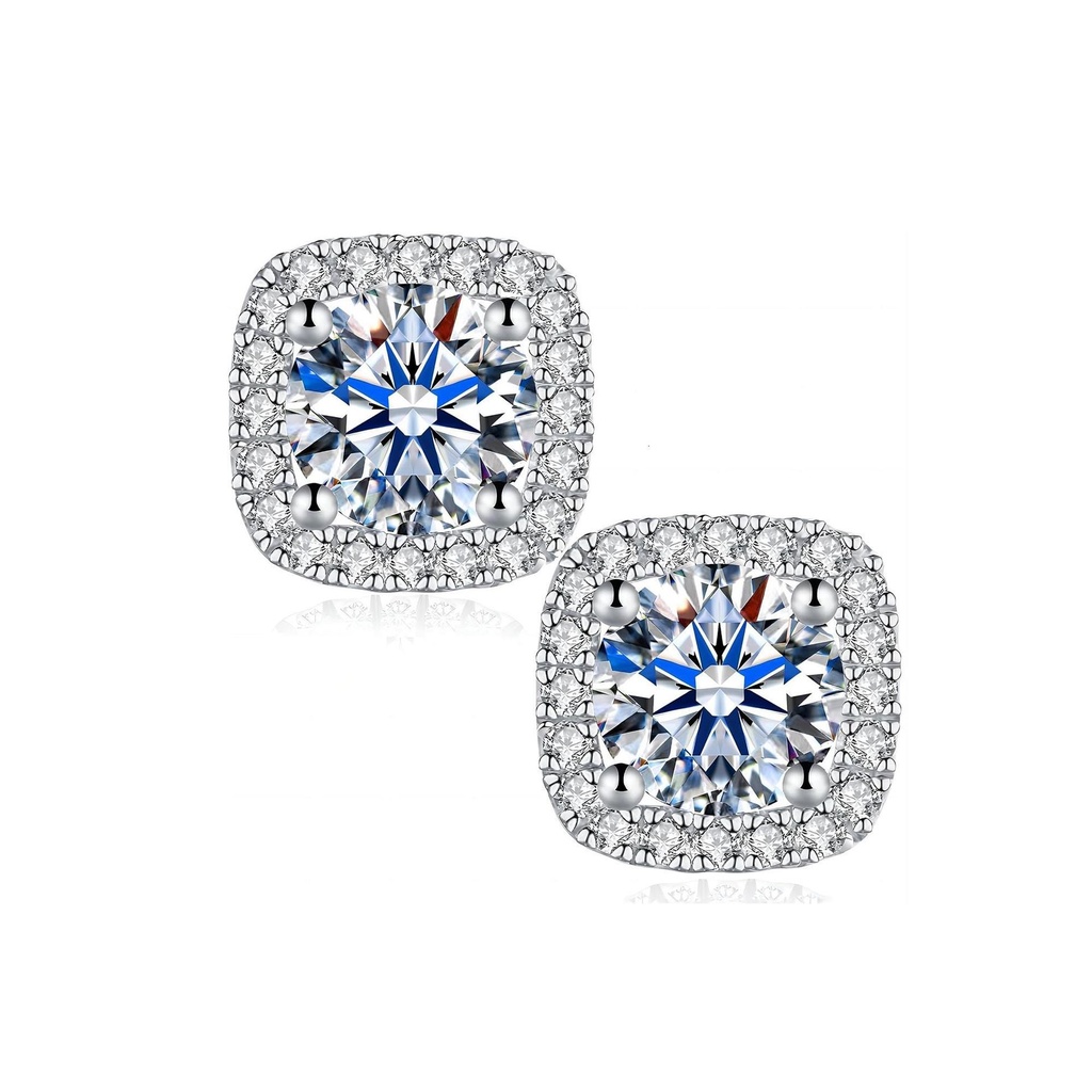 Square Halo Double Moissanite Stud Earrings 18K White Gold Plated 925 Sterling Silver Lab Round Cut Brilliant VVS1 Clear Moissanite Diamond Stud Earrin