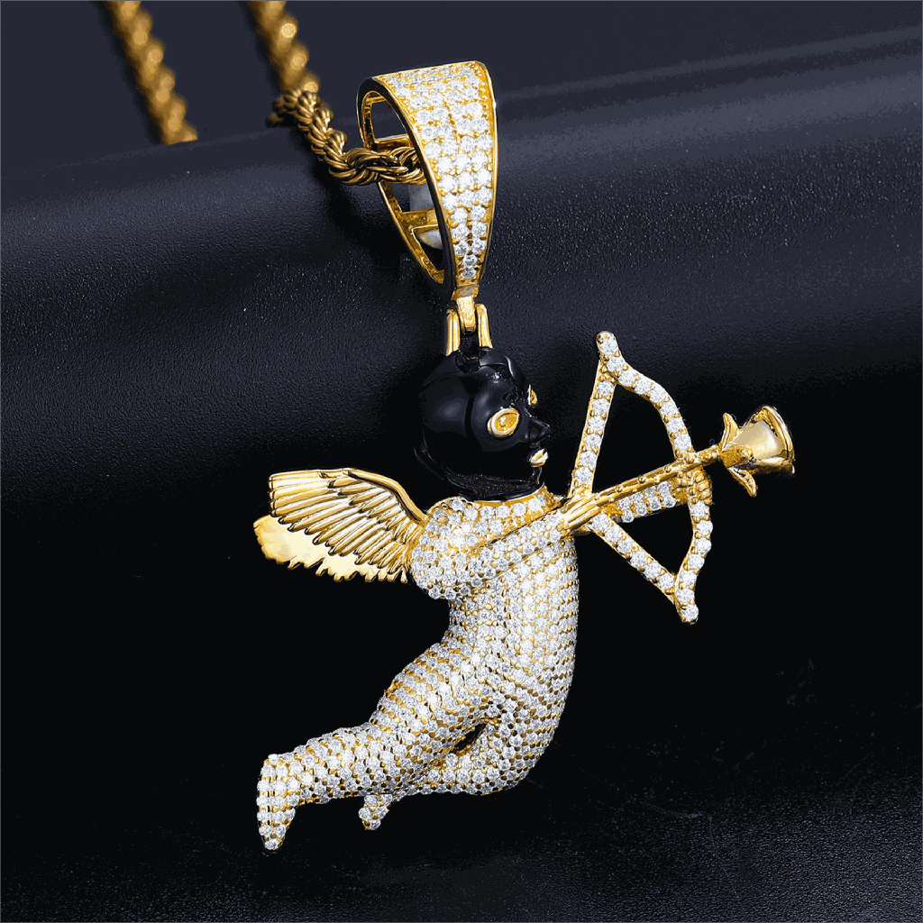 S925 Moissanite Angel Cupid Pendant With Black Masked Arrow Of Eros