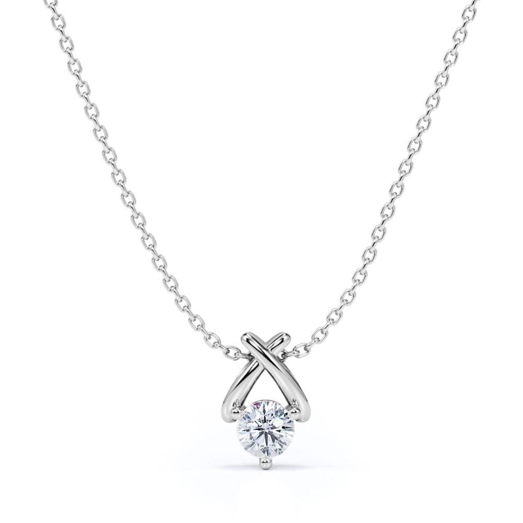  X-Shaped Round Cut Real Diamond Pendant Necklace in 18K White Gold over Silver
