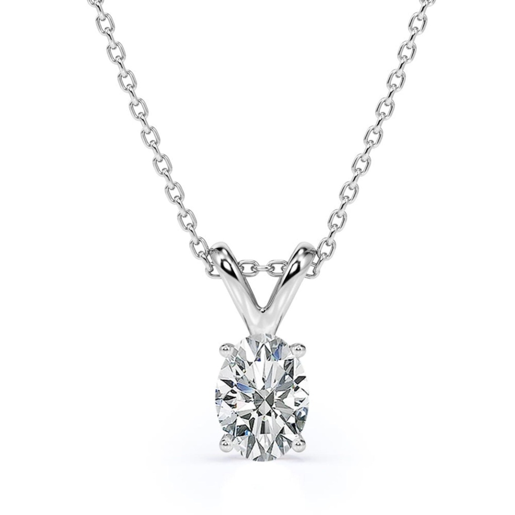 Oval Shape Moissanite - Classic Pendant Necklace - 18K White Gold Plating Over Silver